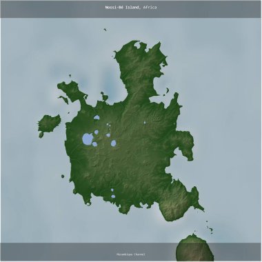 Madagaskar 'a ait Mozambik Kanalı' ndaki Nossi-Be Adası renkli bir yükseklik haritasında kare şeklinde kesilmiş.