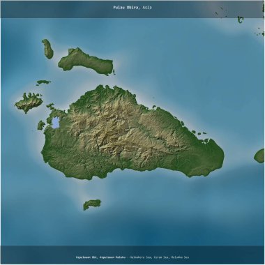 Ceram Denizi 'ndeki Pulau Obira, Endonezya' ya ait, renkli bir yükseklik haritasında kare şeklinde kesilmiş.