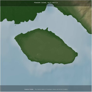 Amerika Birleşik Devletleri 'ne ait Güneydoğu Alaska ve British Columbia' nın Sahil Suları 'ndaki Pleasant Adası renkli bir yükseklik haritasında kare şeklinde kesilmiş.