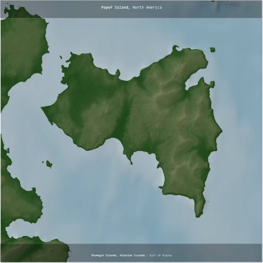 Popof Island in the Gulf of Alaska, belonging to United States, cropped to square on a colored elevation map clipart