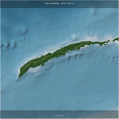 Honduras 'a ait Karayip Denizi' ndeki Roatan Adası renkli bir yükseklik haritasında kare şeklinde kesilmiş.