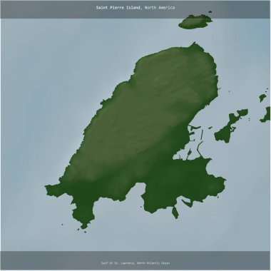 Saint Pierre Adası, Saint Lawrence Körfezi 'nde, Fransa' ya ait, renkli bir yükseklik haritasında kare şeklinde kesilmiş.