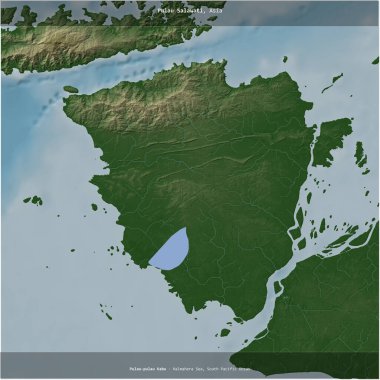 Pulau Salawati in the Halmahera Sea, belonging to Indonesia, cropped to square on a colored elevation map clipart