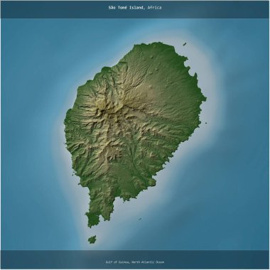 Sao Tome Adası, Gine Körfezi 'nde, Sao Tome ve Principe' ye ait, renkli bir yükseklik haritasında kare şeklinde kesilmiş.