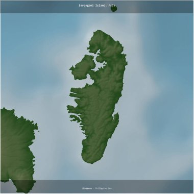 Sarangani Island in the Philippine Sea, belonging to Philippines, cropped to square on a colored elevation map