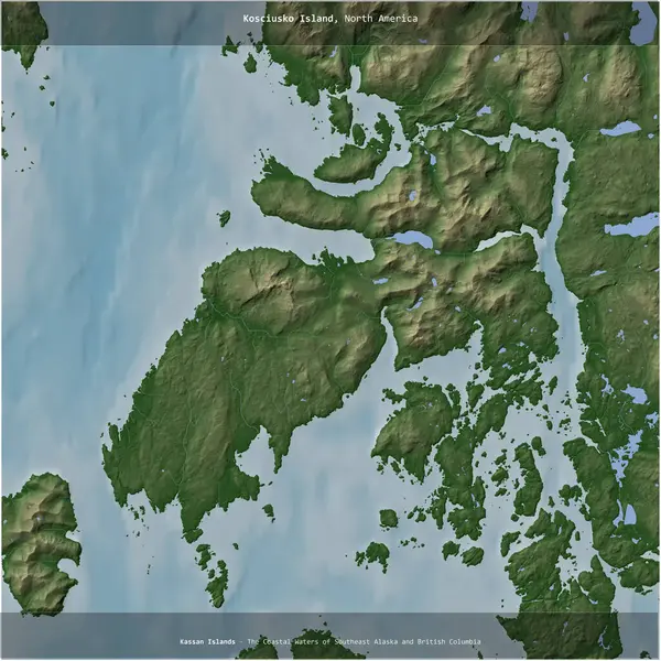 Güneydoğu Alaska ve Britanya Kolumbiyası 'nın Kıyı Suları' ndaki Kosciusko Adası renkli bir yükseklik haritasında kare şeklinde kesilmiş.