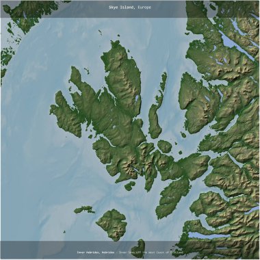 İskoçya 'nın batı kıyısındaki İç Denizler' deki Skye Adası, Birleşik Krallık 'a ait renkli bir yükseklik haritasında kare şeklinde kesilmiş.