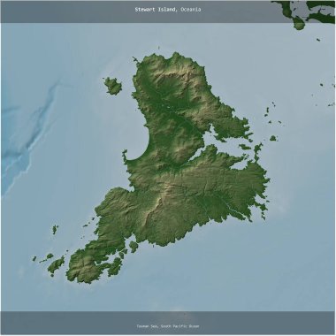 Tasman Denizi 'ndeki Stewart Adası, Yeni Zelanda' ya ait renkli bir yükseklik haritasında kare şeklinde kesilmiş.