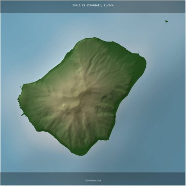 İtalya 'ya ait Tyrhenian Denizi' ndeki Isola di Stromboli renkli bir yükseklik haritasında kare şeklinde kesilmiş.