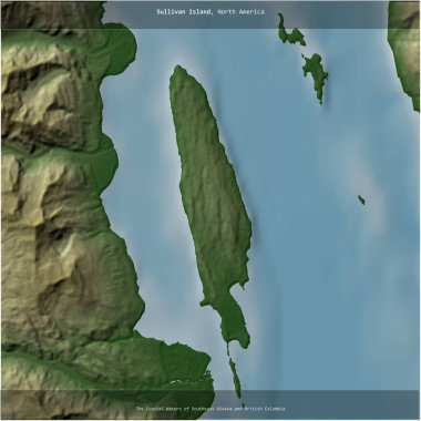 Güneydoğu Alaska ve Britanya Kolumbiyası 'nın Sahil Suları' ndaki Sullivan Adası renkli bir yükseklik haritasında kare şeklinde kesilmiş.