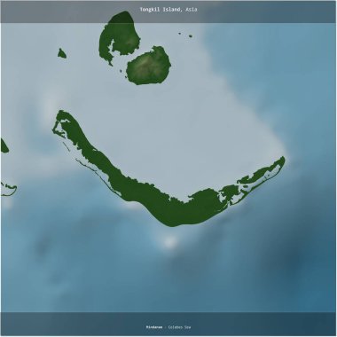 Filipinler 'e ait Celebes Denizi' ndeki Tongkil Adası renkli bir yükseklik haritasında kare şeklinde kesilmiş.