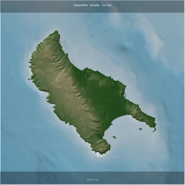 Zakynthos Island in the Ionian Sea, belonging to Greece, cropped to square on a colored elevation map