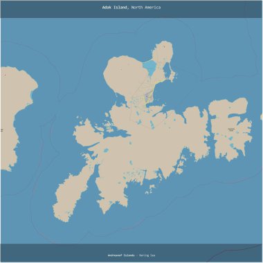 Bering Denizi 'ndeki Adak Adası, Amerika Birleşik Devletleri' ne ait, bir topoğrafik, OSM standart haritası üzerine kesilmiş.