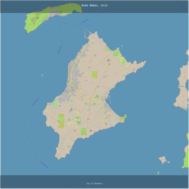 Marmara Denizi 'ndeki Avsa Adas, Türkiye' ye ait, bir topoğrafik, OSM standart haritası üzerinde kare şeklinde kesilmiş.