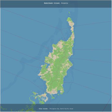 Filipin Denizi 'ndeki Babeldaob Adası, Palau' ya ait, bir topoğrafik, OSM standart haritası ile kareye eklenmiş.