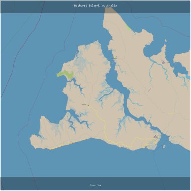 Timor Denizi 'ndeki Bathurst Adası, Avustralya' ya ait, bir topoğrafik, OSM standart haritası üzerine kesilmiş.