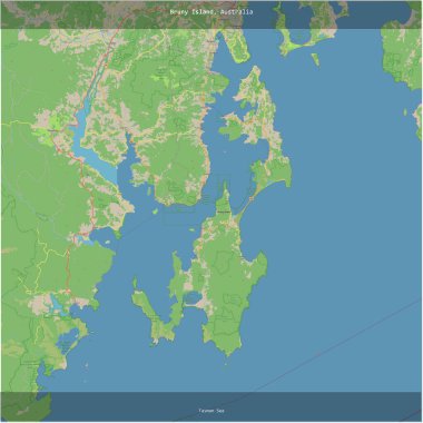 Bruny Island in the Tasman Sea, belonging to Australia, cropped to square on a topographic, OSM standard style map