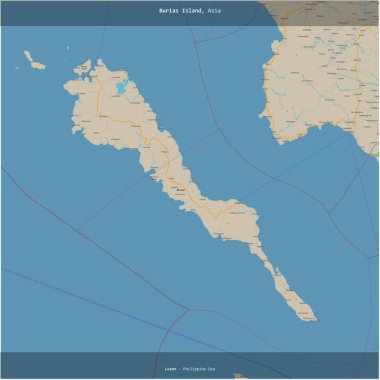 Filipin Denizi 'ndeki Burias Adası, Filipinler' e ait, bir topoğrafik, OSM standart haritası üzerinde karelenmiştir.