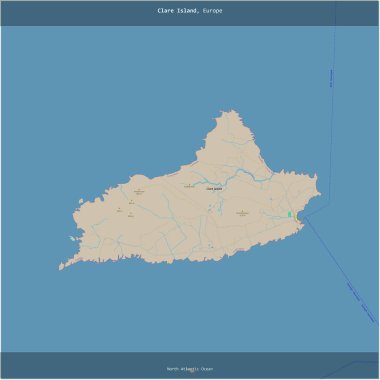 Kuzey Atlantik Okyanusu 'ndaki Clare Adası, İrlanda' ya ait, bir topoğrafik, OSM standart haritası üzerine kesilmiş.