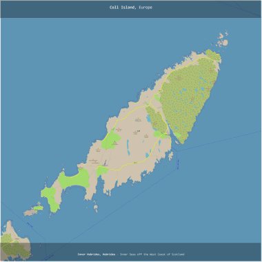 İskoçya 'nın batı kıyısındaki İç Denizler' deki Coll Adası, Birleşik Krallık 'a ait, bir topoğrafik, OSM standart haritası üzerinde kesilmiş.