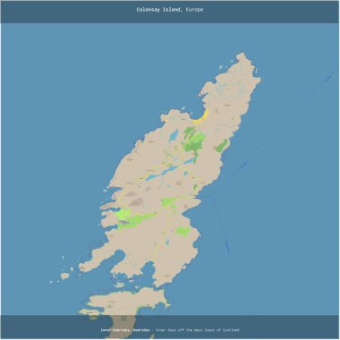 Colonsay Island in the Inner Seas off the West Coast of Scotland, belonging to United Kingdom, cropped to square on a topographic, OSM standard style map clipart