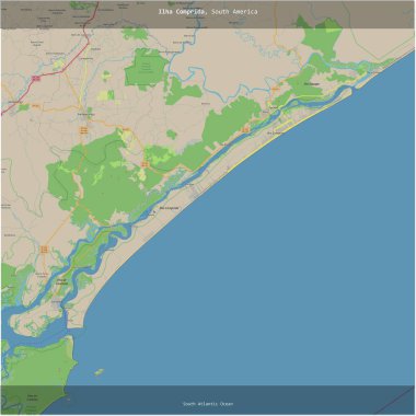 Brezilya 'ya ait Güney Atlantik Okyanusu' ndaki Ilha Comprida, bir topoğrafik, OSM standart haritası üzerinde kare şeklinde kesilmiş.