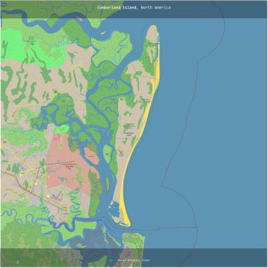 Cumberland Island in the North Atlantic Ocean, belonging to United States, cropped to square on a topographic, OSM standard style map clipart