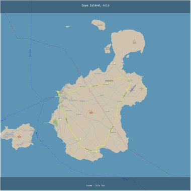 Filipinler 'e ait Sulu Denizi' ndeki Cuyo Adası, bir topoğrafik, OSM standart haritası üzerinde kesilerek