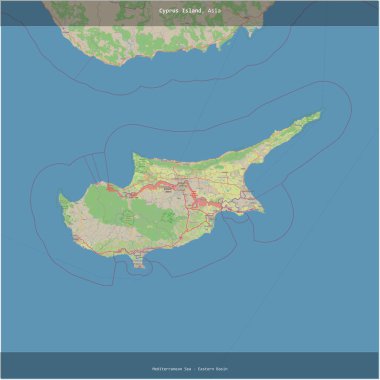 Cyprus Island in the Mediterranean Sea - Eastern Basin, belonging to Cyprus, cropped to square on a topographic, OSM standard style map clipart