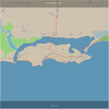 Hindistan 'a ait Arap Denizi' ndeki Diu Adası, bir topoğrafik, OSM standart stil haritası üzerinde karelenmiştir.