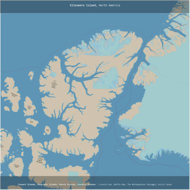 Kanada 'ya ait Baffin Körfezi' ndeki Ellesmere Adası, bir topoğrafik, OSM standart haritası üzerinde kesilerek