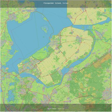 Hollanda 'ya ait Kuzey Denizi' ndeki Flevopolder Adası, bir topoğrafik, OSM standart haritası üzerinde karelenmiştir.