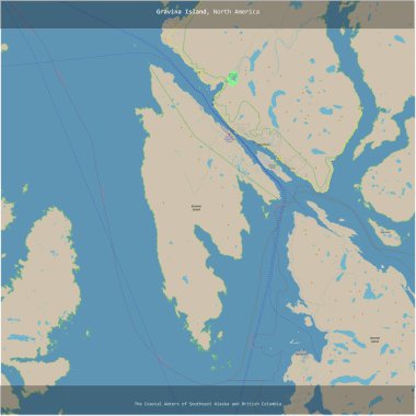 Güneydoğu Alaska ve British Columbia 'nın Sahil Suları' ndaki Gravina Adası, ABD 'ye ait, bir topoğrafik üzerine kesilmiş, OSM standart haritası.