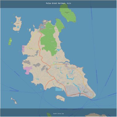 Pulau Great Karimun in the South China Sea, belonging to Indonesia, cropped to square on a topographic, OSM standard style map clipart