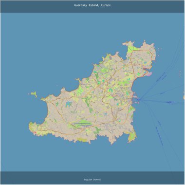 Manş Denizi 'ndeki Guernsey Adası, Guernsey' e ait, bir topoğrafik, OSM standart haritası üzerinde kesilmiş.