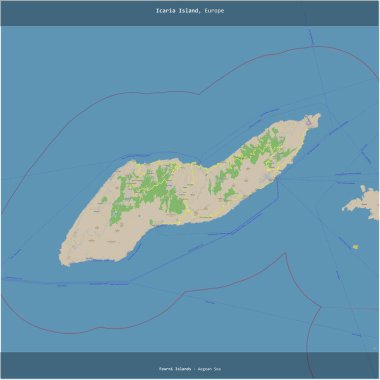 Yunanistan 'a ait Ege Denizi' ndeki İkaria Adası, bir topoğrafik, OSM standart stil haritası üzerinde kare şeklinde kesilmiş