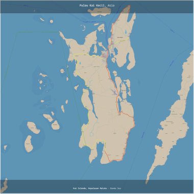 Endonezya 'ya ait Banda Denizi' ndeki Pulau Kai Kecil, bir topoğrafik, OSM standart haritası üzerinde kesilerek