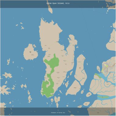 Katan Kyun Island in the Andaman or Burma Sea, belonging to Myanmar, cropped to square on a topographic, OSM standard style map clipart