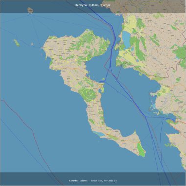 İyon Denizi 'ndeki Kerkyra Adası, Yunanistan' a ait, bir topoğrafi, OSM standart haritası üzerinde karelenmiş