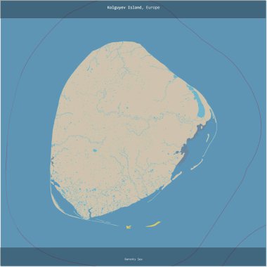 Barents Denizi 'ndeki Kolguyev Adası, Rusya' ya ait, bir topoğrafik, OSM standart haritası üzerine kesilmiş.