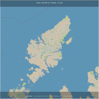 Kuzey Atlantik Okyanusu 'ndaki Lewis ve Harris Adası, Birleşik Krallık' a ait, bir topoğrafik, OSM standart haritası üzerinde karelenmiştir.