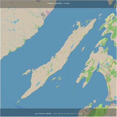 İskoçya 'nın batı kıyısındaki iç denizlerdeki Lismore Adası, Birleşik Krallık' a ait, bir topoğrafik, OSM standart haritası üzerinde kesilmiş.