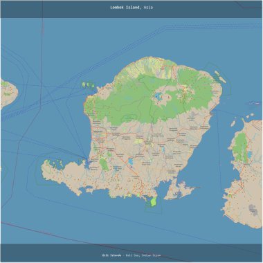 Endonezya 'ya ait Bali Denizi' ndeki Lombok Adası, bir topoğrafik, OSM standart haritası üzerinde karelenmiştir.