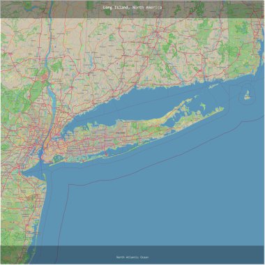 Amerika Birleşik Devletleri 'ne ait olan Kuzey Atlantik Okyanusu' ndaki Long Island, OSM standart haritası üzerinde kare şeklinde kesilmiş.