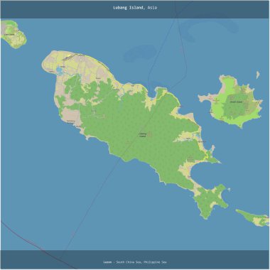 Filipin Denizi 'ndeki Lubang Adası, Filipinler' e ait, bir topoğrafik, OSM standart haritası üzerinde karelenmiş.