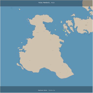 Molukka Denizi 'ndeki Pulau Mandioli, Endonezya' ya ait, bir topoğrafik, OSM standart haritası üzerinde kesilerek