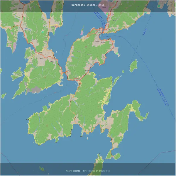 Japonya 'ya ait olan Seto Naikai veya İç Denizi' ndeki Kurahashi Adası, OSM standart haritası üzerinde kare şeklinde kesilmiş.