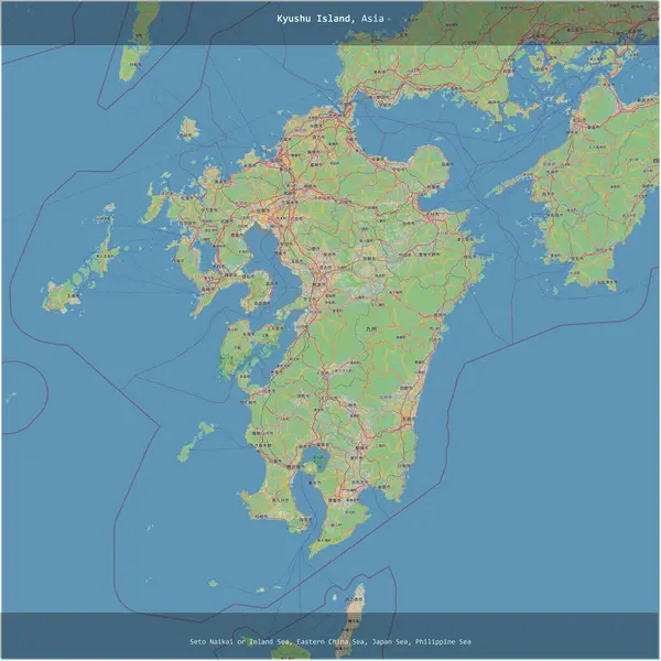 Japonya Denizi 'ndeki Kyushu Adası, bir topoğrafik, OSM standart stil haritası üzerinde karelenmiştir.