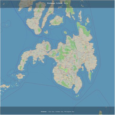 Filipinler 'e ait Sulu Denizi' ndeki Mindanao Adası, bir topoğrafik, OSM standart haritası üzerinde karelenmiştir.