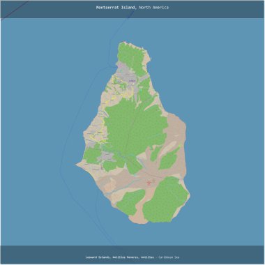 Montserrat Adası, Karayip Denizi 'nde, Montserrat' a ait, bir topoğrafik, OSM standart haritası üzerinde karelenmiş.